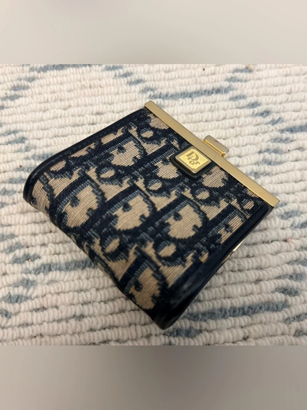 DIOR Vintage Rare Blue Trotter Monogram Canvas Kiss Lock Coin Purse W/ Gold